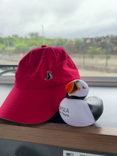 Penny, the Kintra rubber puffin, sitting beside a red Kintra sun cap.