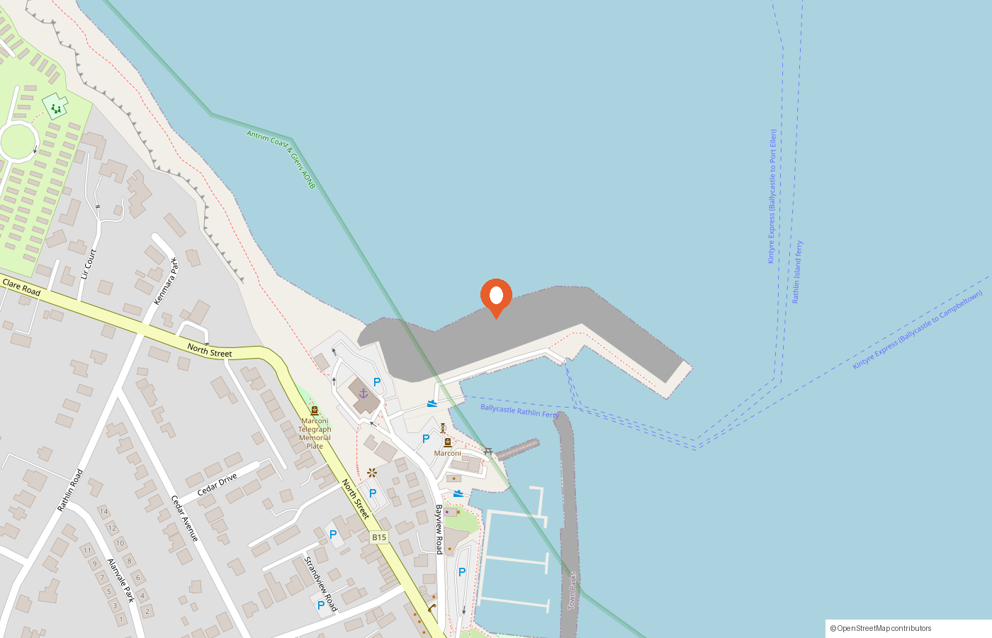 Map of Ballycastle Harbour — the Kintra boat is on the outer pier, behind the Rathlin ferry terminal (pin marks the exact spot)