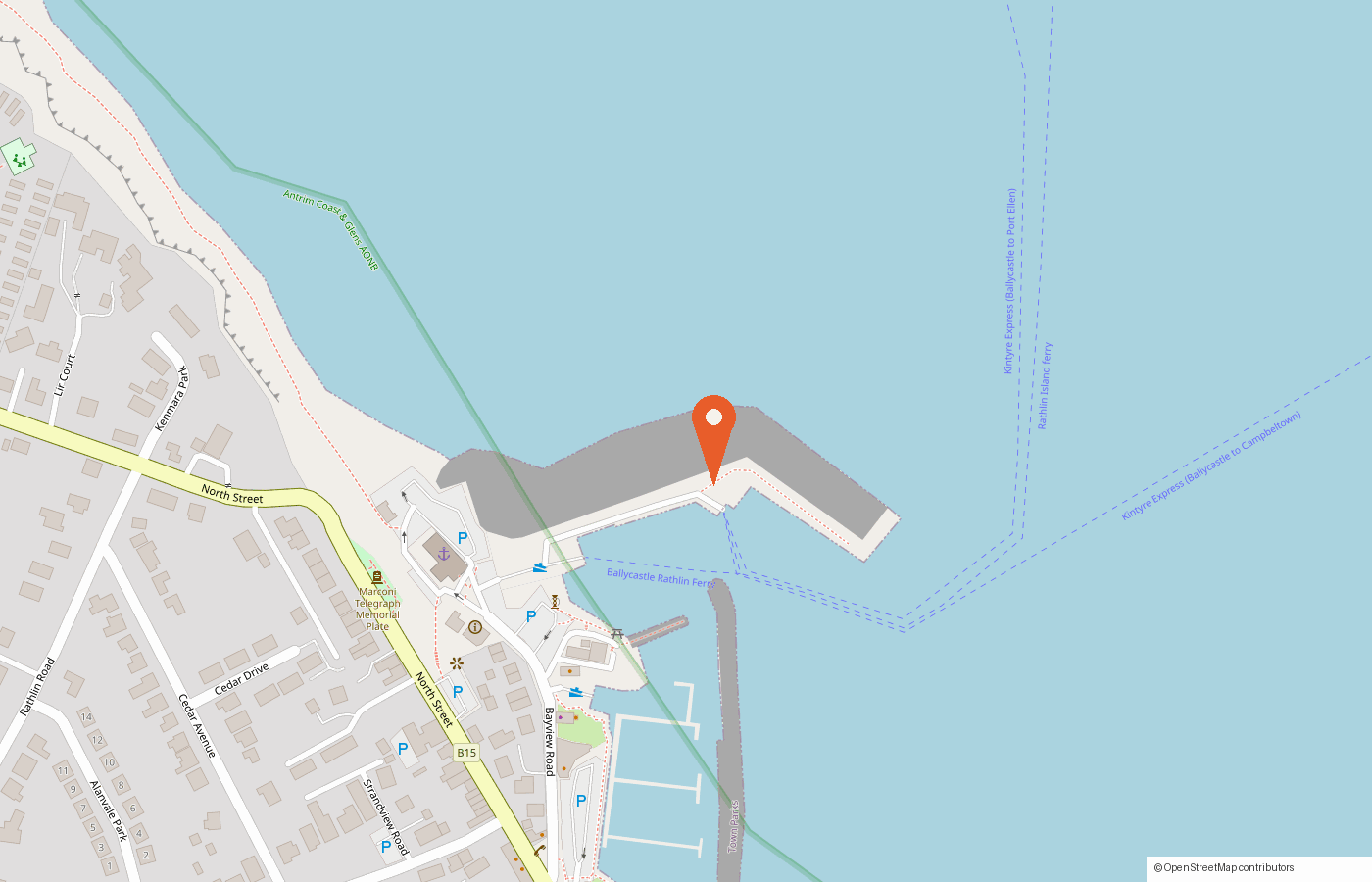 Map of Ballycastle harbour with a pin on the outer pier, where our boat Selkie departs